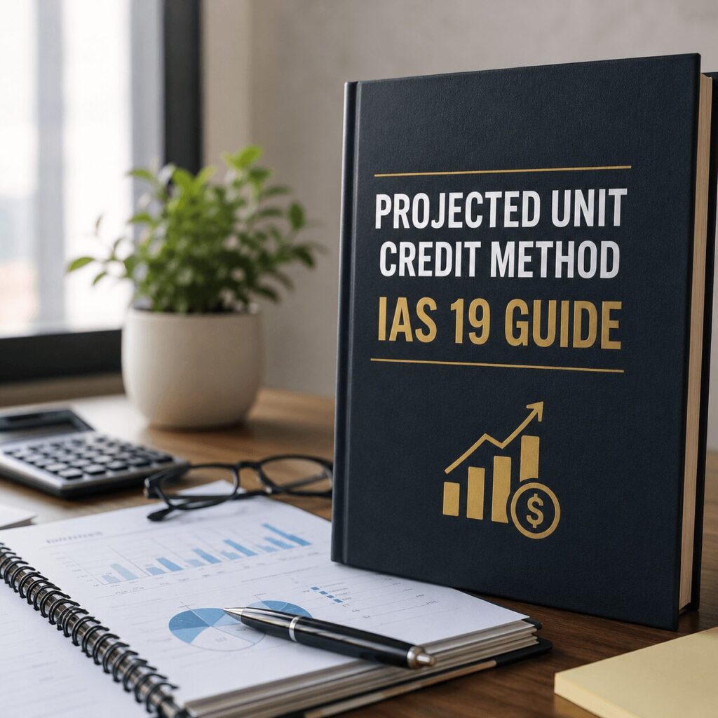 Realistic corporate finance workspace featuring a black book titled “Projected Unit Credit Method IAS 19 Guide” alongside financial reports, charts, calculator, glasses, and office stationery in a professional office setting.