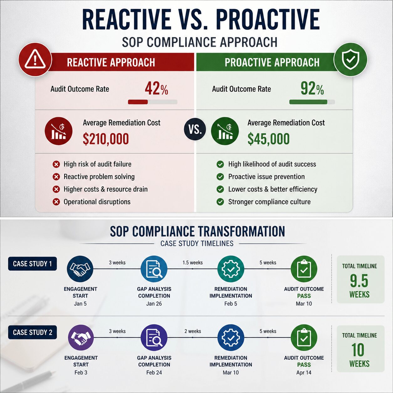 SOP compliance consulting comparison of reactive vs proactive approach showing audit outcome rates and remediation costs
