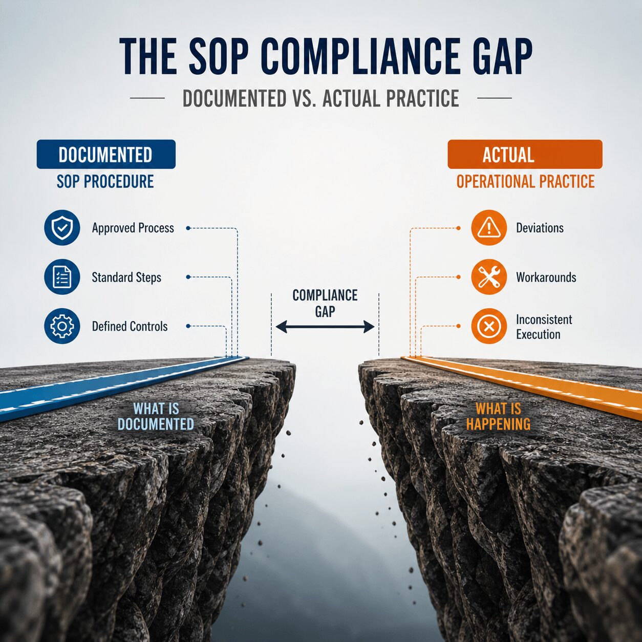 SOP compliance consulting visual showing gap between documented procedures and actual operational practice with split path diagram