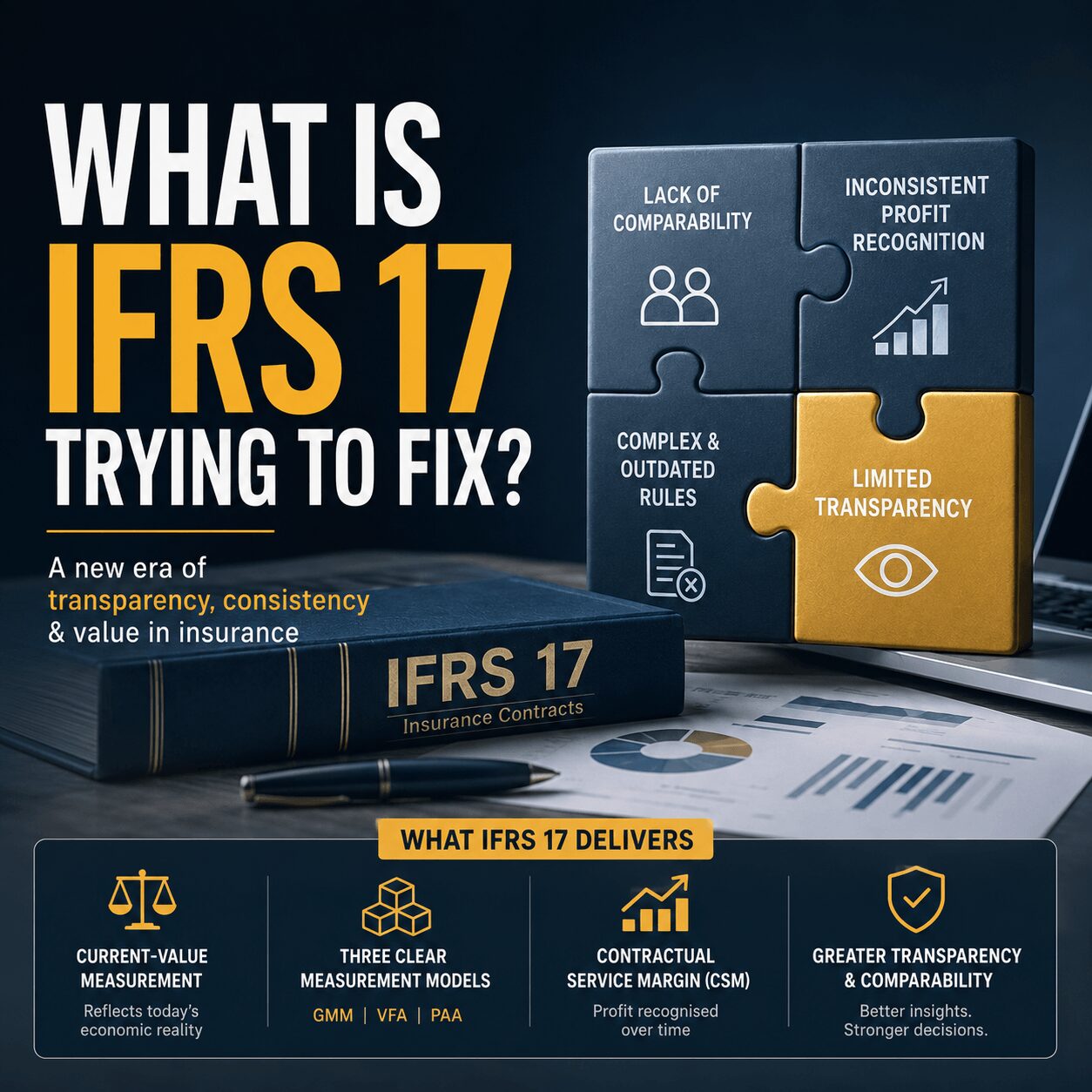 IFRS 17 vs IFRS 4 illustration explaining how IFRS 17 improves insurance contract accounting through standardized measurement models, transparent profit recognition, and the Contractual Service Margin (CSM).