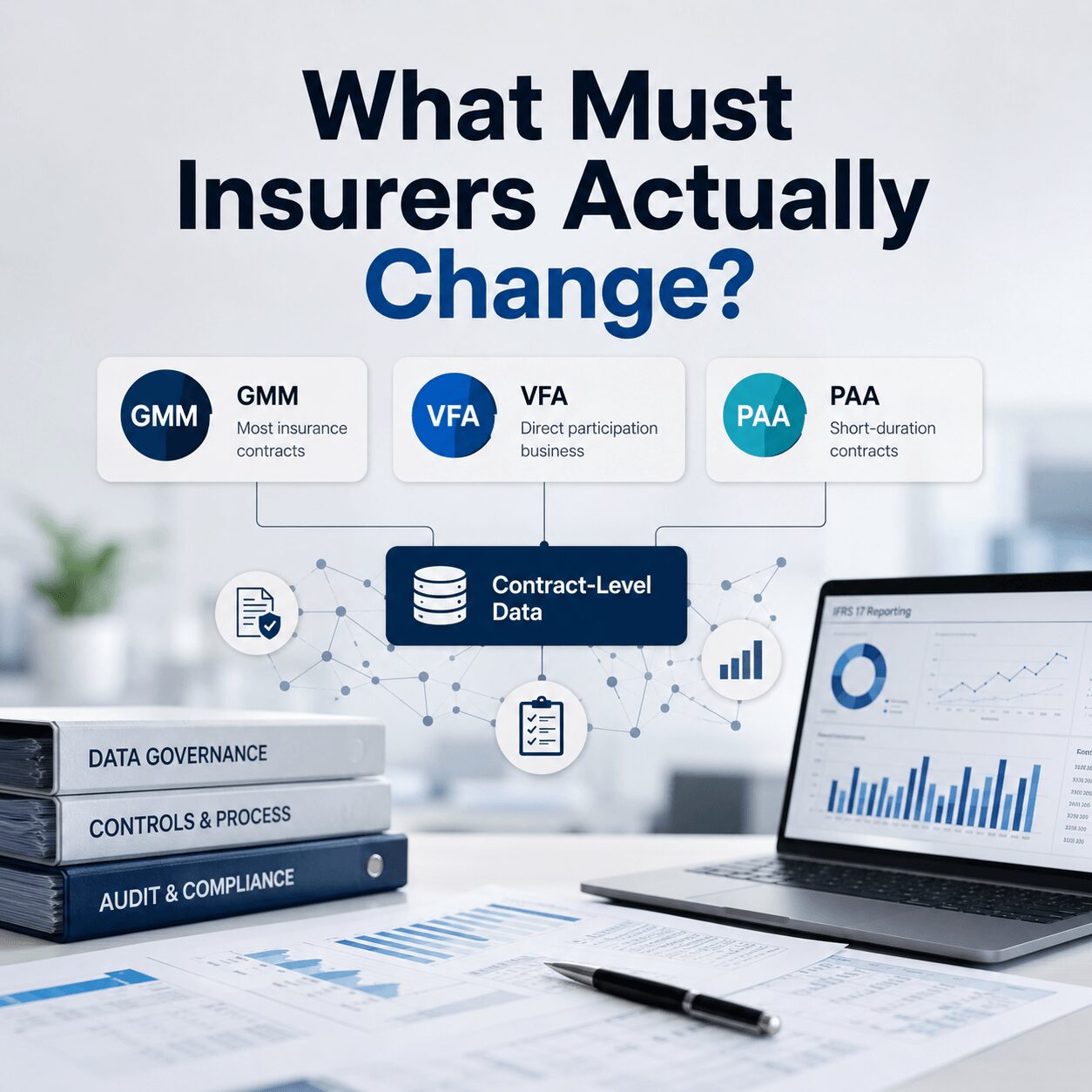IFRS 17 vs IFRS 4 infographic showing insurers transitioning to new measurement models, contract-level data, governance, reporting, and financial systems for insurance accounting.