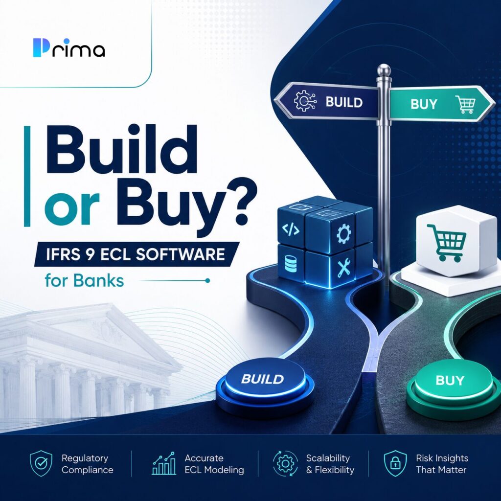 Professional infographic comparing the build-versus-buy decision for IFRS 9 ECL software for banks, featuring a split roadmap with custom development and software solution paths, modern banking visuals, and enterprise branding in navy and teal.