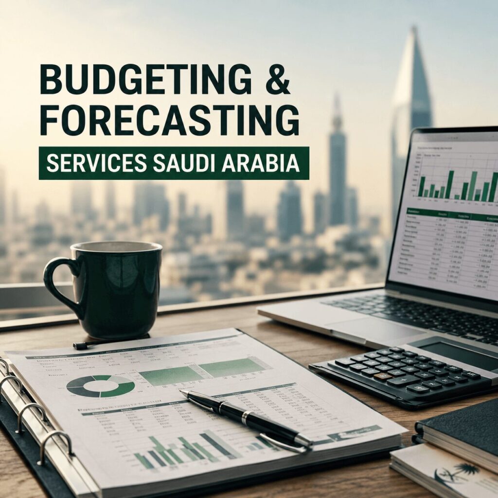 A professional finance workspace overlooking a modern Saudi Arabian city skyline. A laptop displaying budgeting and forecasting reports sits beside a calculator, financial documents, and a coffee mug on a wooden desk. Bold headline text reads "Budgeting & Forecasting Services Saudi Arabia," highlighting financial planning, budgeting, forecasting, and business performance management services for organizations in Saudi Arabia.