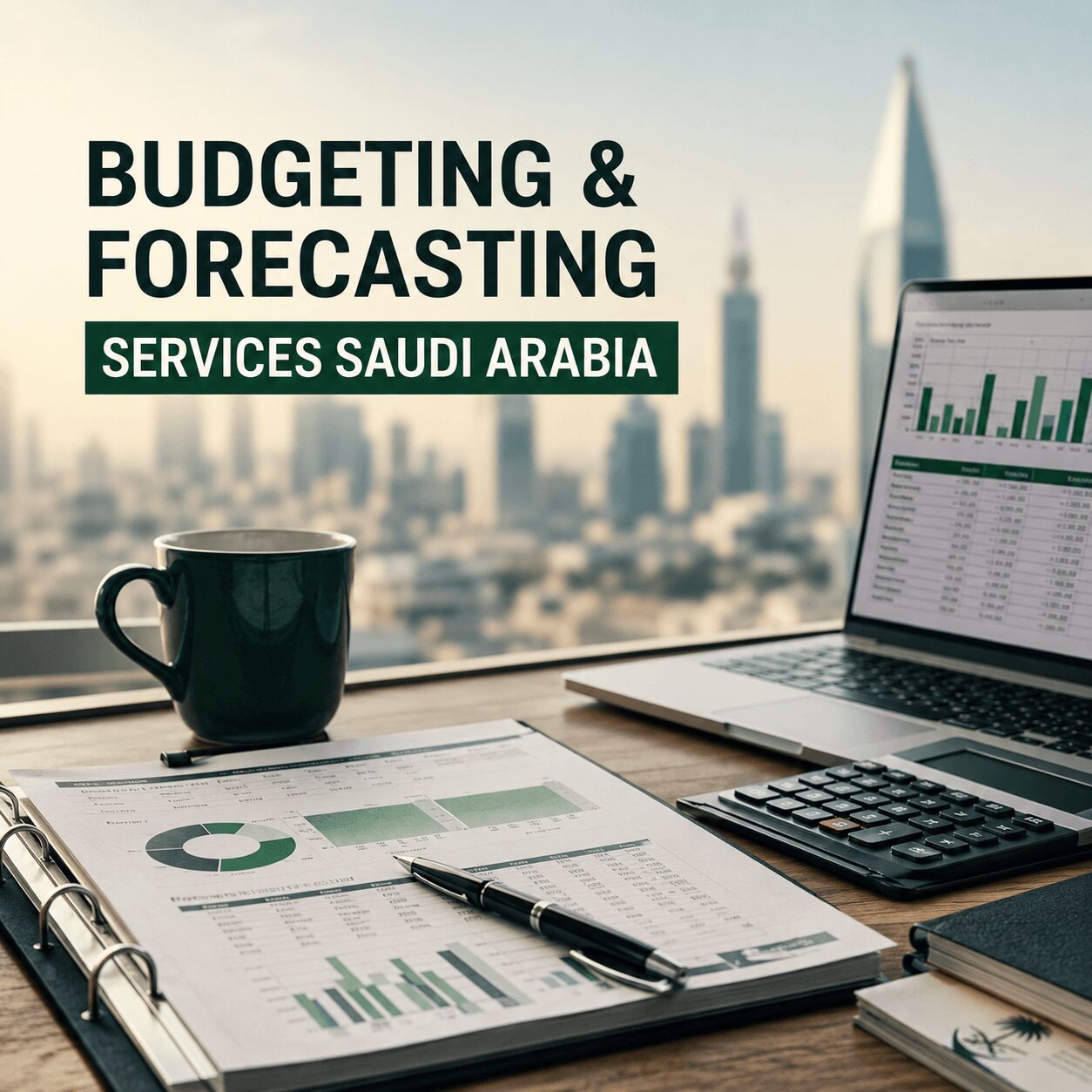 A professional finance workspace overlooking a modern Saudi Arabian city skyline. A laptop displaying budgeting and forecasting reports sits beside a calculator, financial documents, and a coffee mug on a wooden desk. Bold headline text reads "Budgeting & Forecasting Services Saudi Arabia," highlighting financial planning, budgeting, forecasting, and business performance management services for organizations in Saudi Arabia.