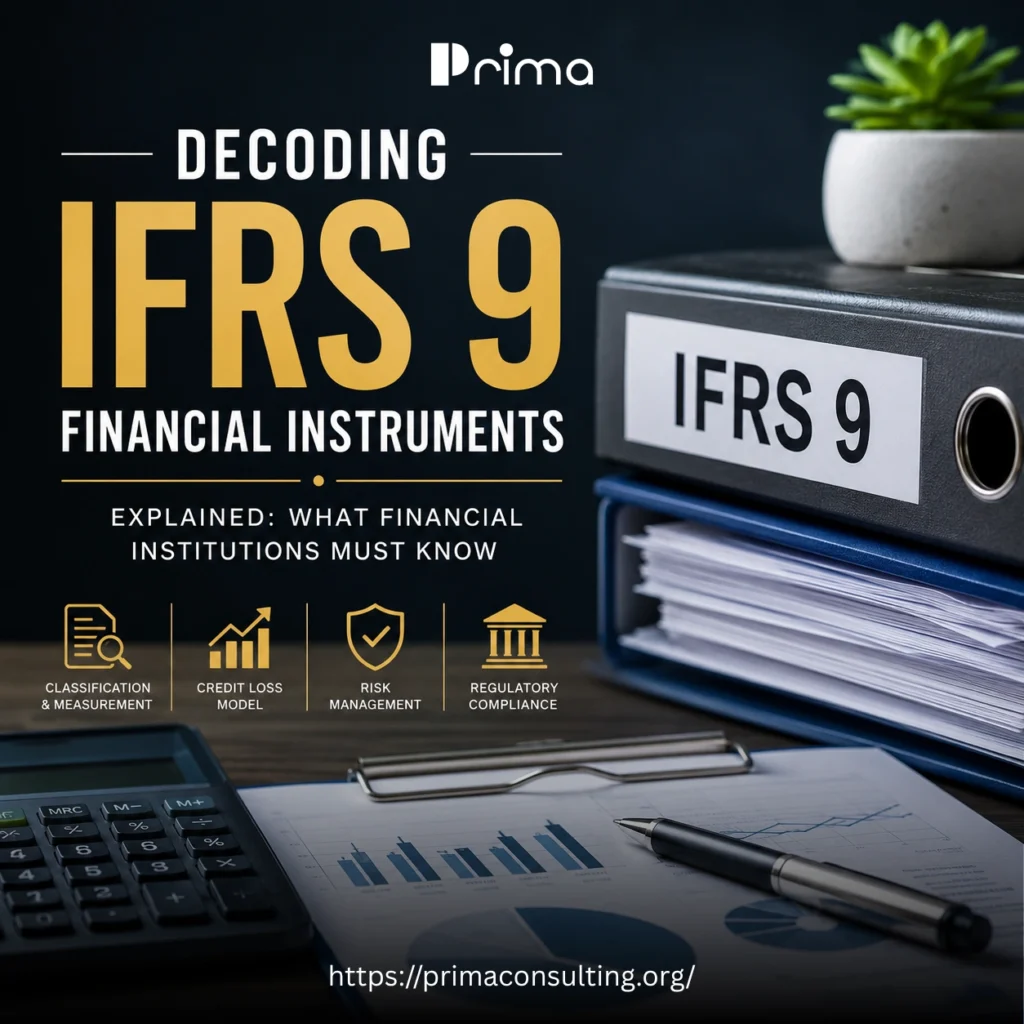 IFRS 9 Financial Instruments Explained infographic featuring financial reports, an IFRS 9 binder, calculator, charts, and key concepts including classification and measurement, expected credit loss model, risk management, and regulatory compliance.