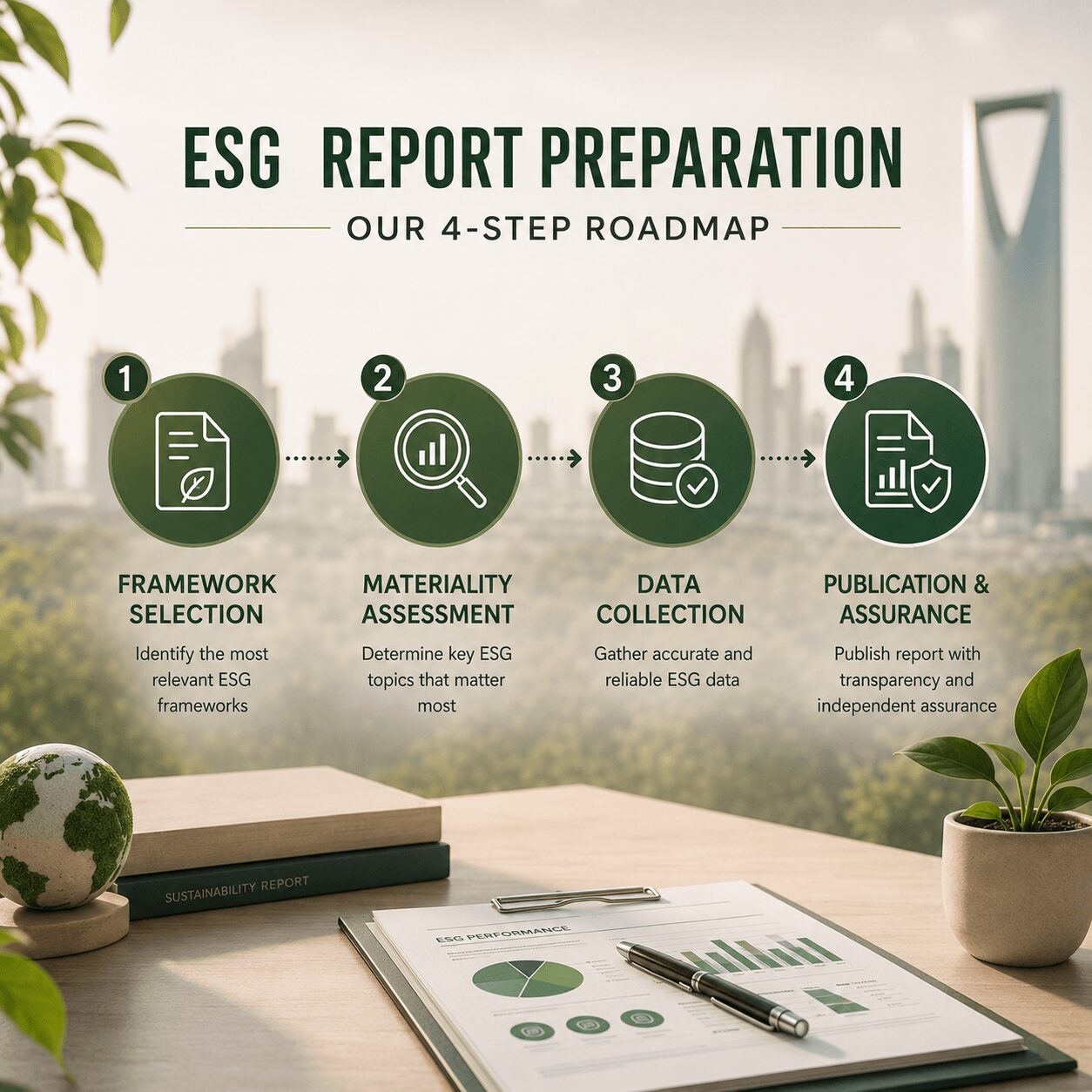 ESG Reporting Saudi Arabia four-step roadmap infographic illustrating framework selection, materiality assessment, data collection, and publication with assurance in a professional corporate sustainability reporting environment.
