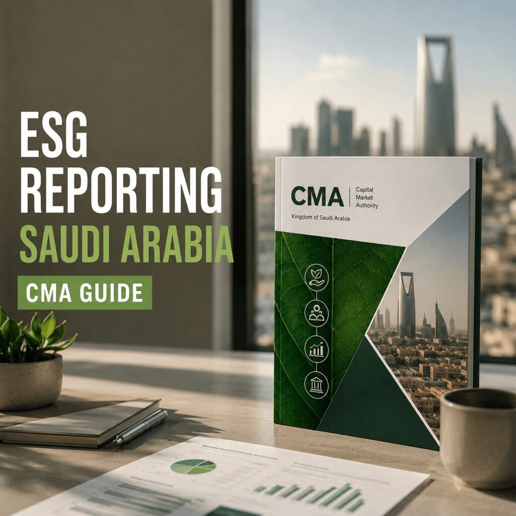 ESG Reporting Saudi Arabia CMA Guide featured image showing a professional sustainability report booklet on a modern office desk with Saudi skyline background, ESG icons, financial charts, and green corporate branding.