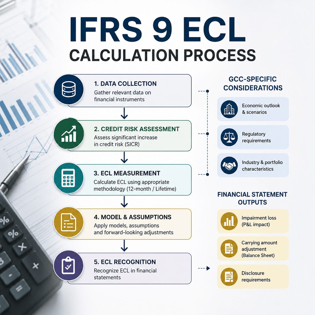 IFRS updates GCC 2026 flowchart showing the IFRS 9 Expected Credit Loss (ECL) calculation process, GCC-specific considerations, and financial statement outputs.