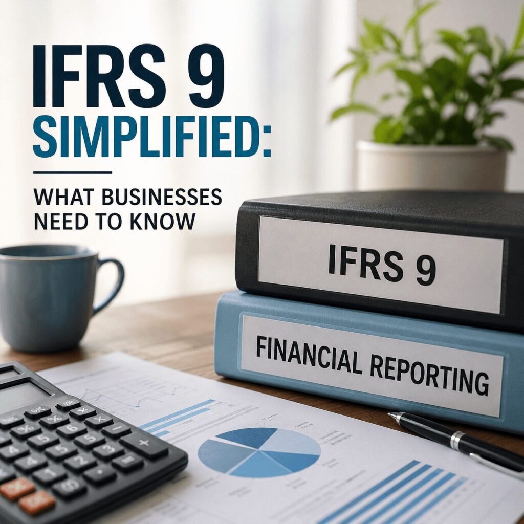 IFRS 9 Financial Instruments infographic showing UAE banking sector provisioning levels across impairment stages. A bar chart displays Stage 1 (12%), Stage 2 (32%), and Stage 3 (56%) provisions against a Dubai skyline backdrop, with financial reports and charts in the foreground.