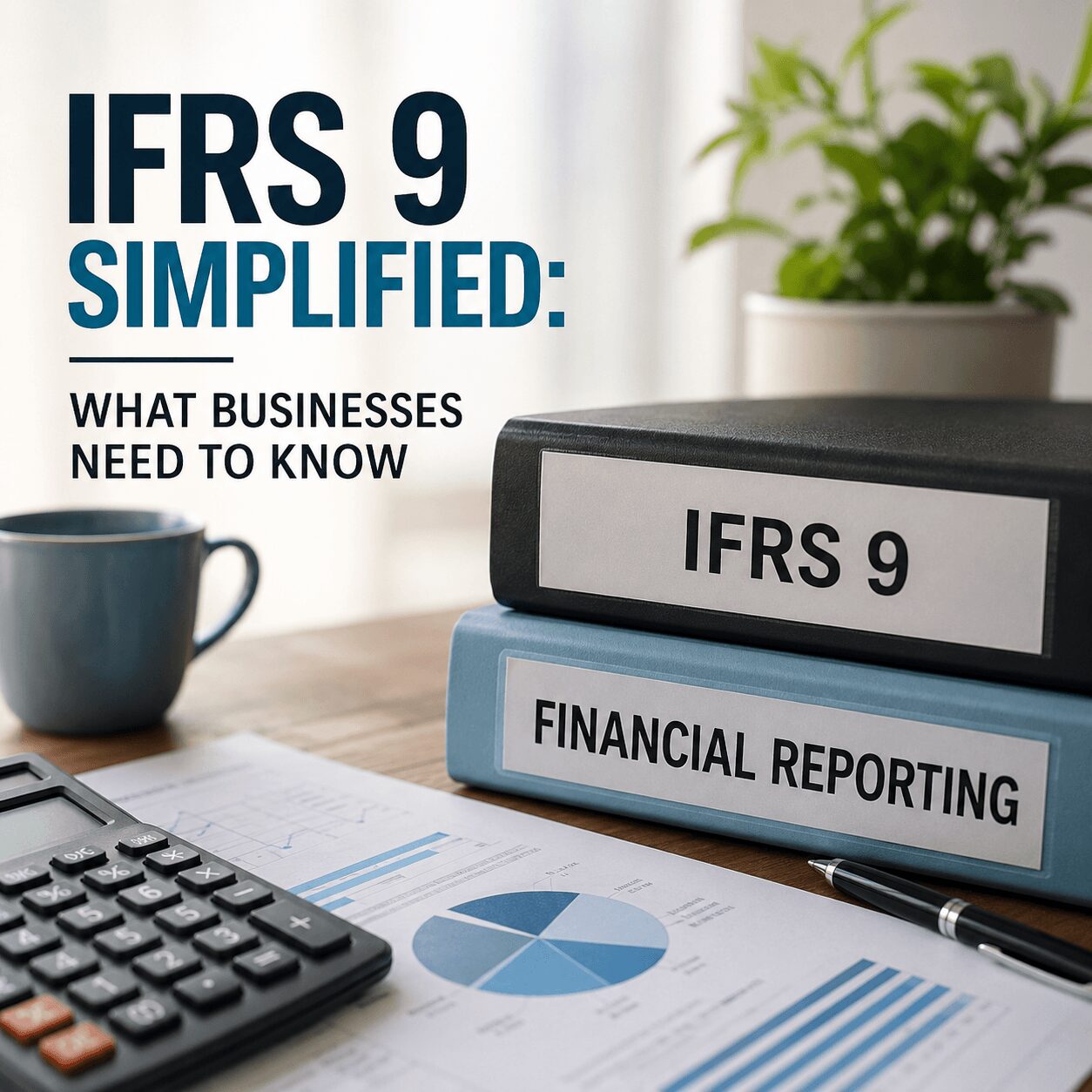 IFRS 9 Financial Instruments infographic showing UAE banking sector provisioning levels across impairment stages. A bar chart displays Stage 1 (12%), Stage 2 (32%), and Stage 3 (56%) provisions against a Dubai skyline backdrop, with financial reports and charts in the foreground.