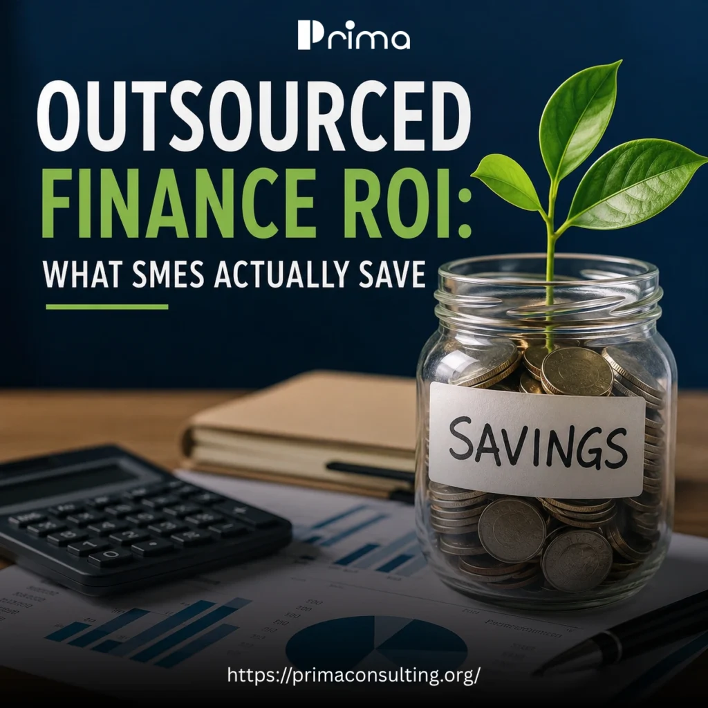 Outsource Finance ROI concept image featuring a glass savings jar filled with coins and a growing plant beside a calculator, financial reports, charts, notebook, and pen. Bold headline reads "Outsourced Finance ROI: What SMEs Actually Save" on a dark blue background, illustrating cost savings, financial growth, and improved business performance through outsourced finance services.