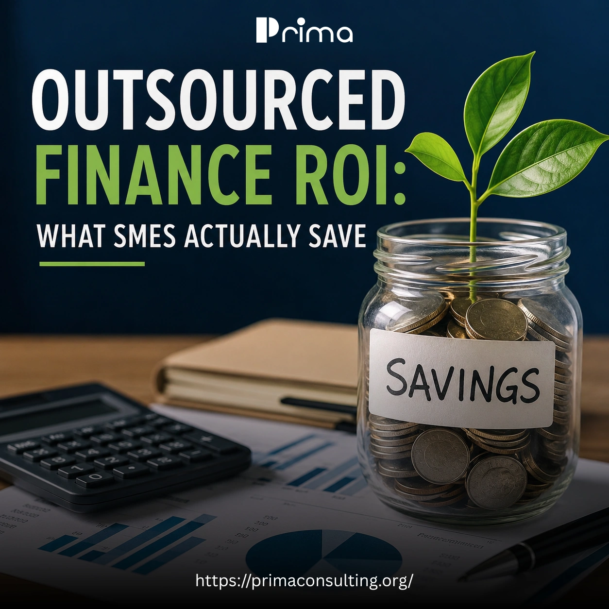 Outsource Finance ROI concept image featuring a glass savings jar filled with coins and a growing plant beside a calculator, financial reports, charts, notebook, and pen. Bold headline reads "Outsourced Finance ROI: What SMEs Actually Save" on a dark blue background, illustrating cost savings, financial growth, and improved business performance through outsourced finance services.