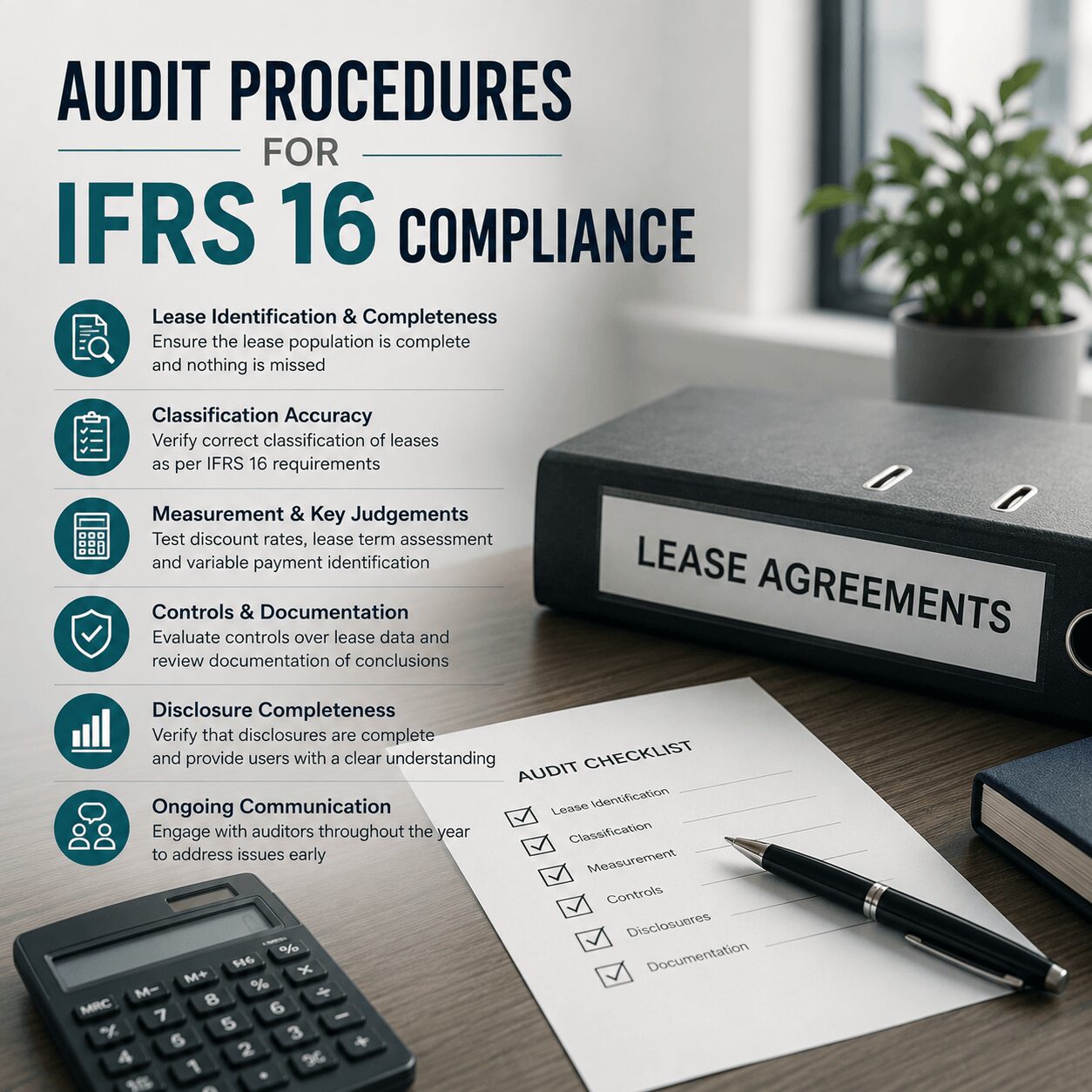 Professional audit checklist illustrating IFRS 16 vs US GAAP lease compliance procedures with lease agreements, audit checklist, calculator, and corporate office desk.