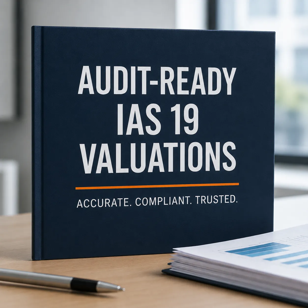 Professional hardcover report titled "Audit-Ready IAS 19 Valuations" on an office desk beside financial documents and a pen, representing accurate, compliant IAS 19 Valuation reporting.