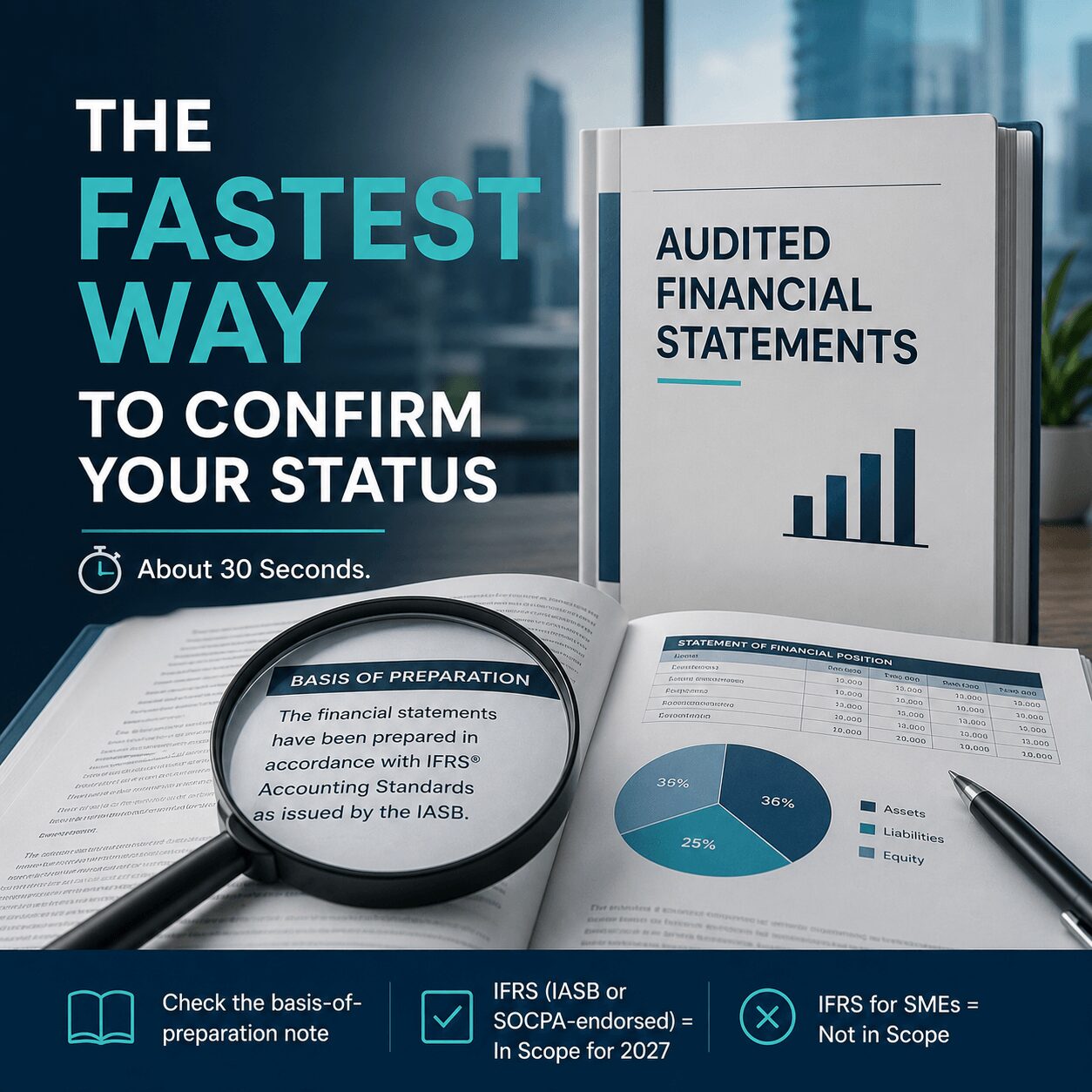 Corporate infographic showing audited financial statements, a basis of preparation note under a magnifying glass, and an IFRS compliance checklist explaining IFRS 18 applicability in under 30 seconds.