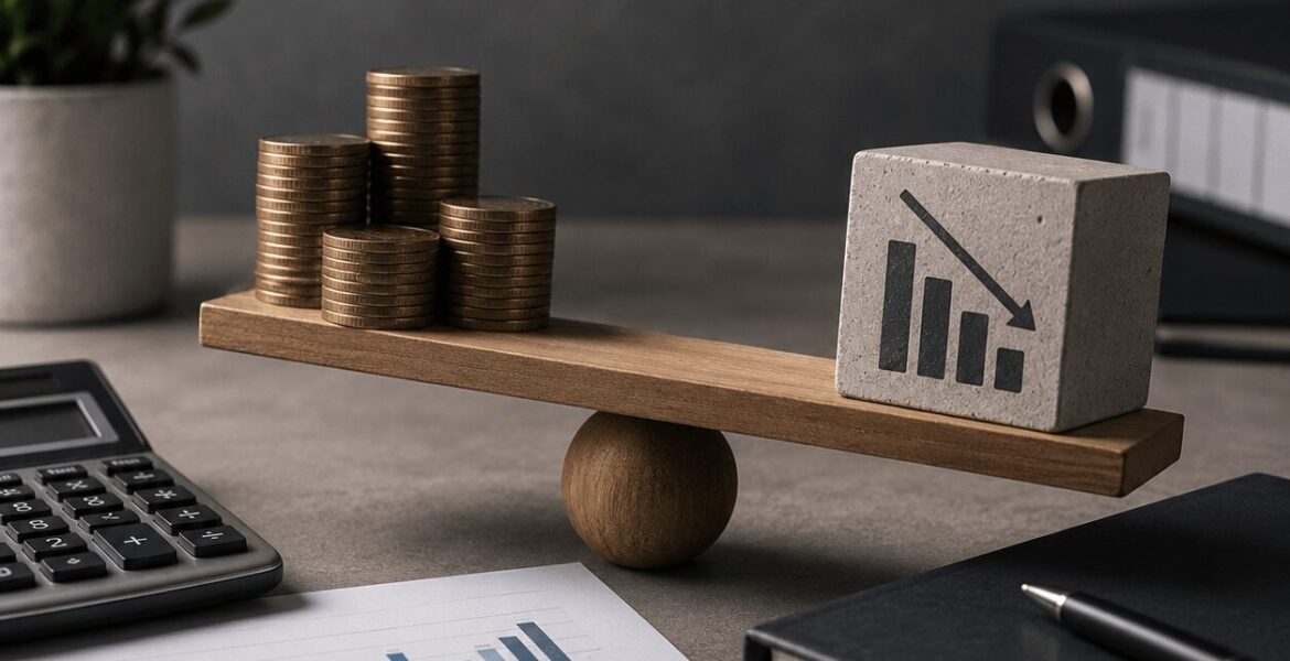IAS 19 Valuation Services concept with a balance beam, stacked coins, financial reports, calculator, and office stationery illustrating the financial and audit consequences of unsupported employee benefit provisions.