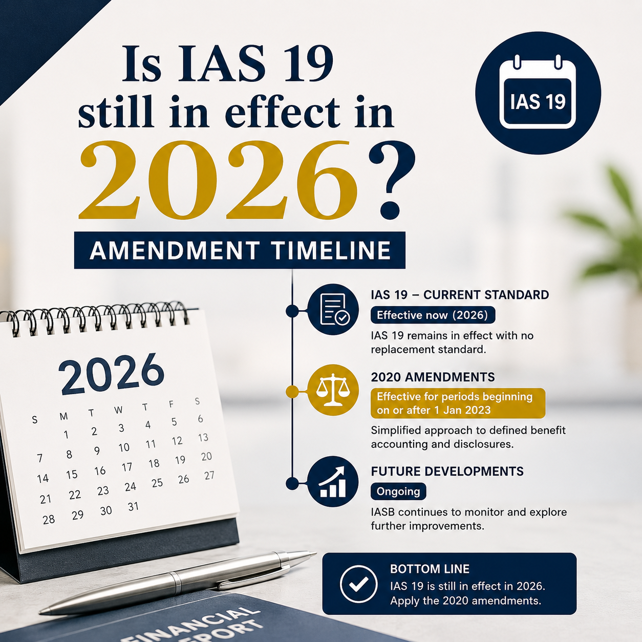Infographic explaining IAS 19 amendment timeline, confirming IAS 19 remains effective in 2026, highlighting the 2020 amendments effective from 1 January 2023, ongoing IASB developments, and a 2026 calendar with financial reporting elements.