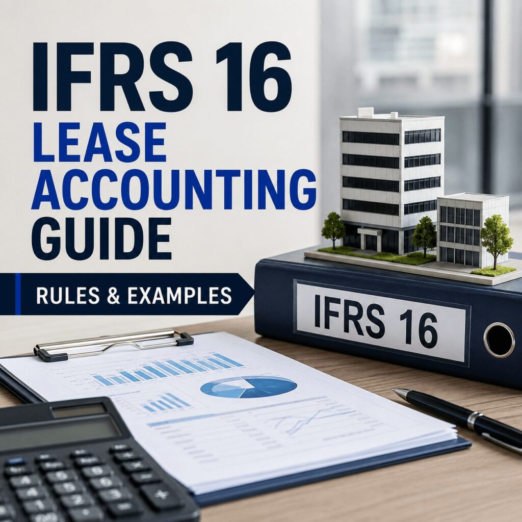 IFRS 16 lease accounting guide featuring a financial report, calculator, IFRS 16 binder, office building model, and business documents with the title "IFRS 16 Lease Accounting Guide: Rules & Examples" in a professional office setting.