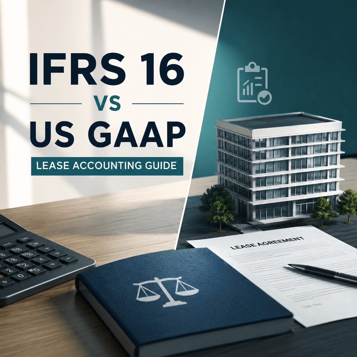 Professional comparison graphic of IFRS 16 vs US GAAP lease accounting guide featuring a lease agreement, office building model, calculator, and financial documents in a modern corporate workspace.