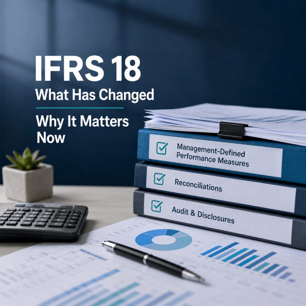 IFRS 18 compliance concept with financial reports, management-defined performance measures, audit disclosures, and business documents in a professional office setting.