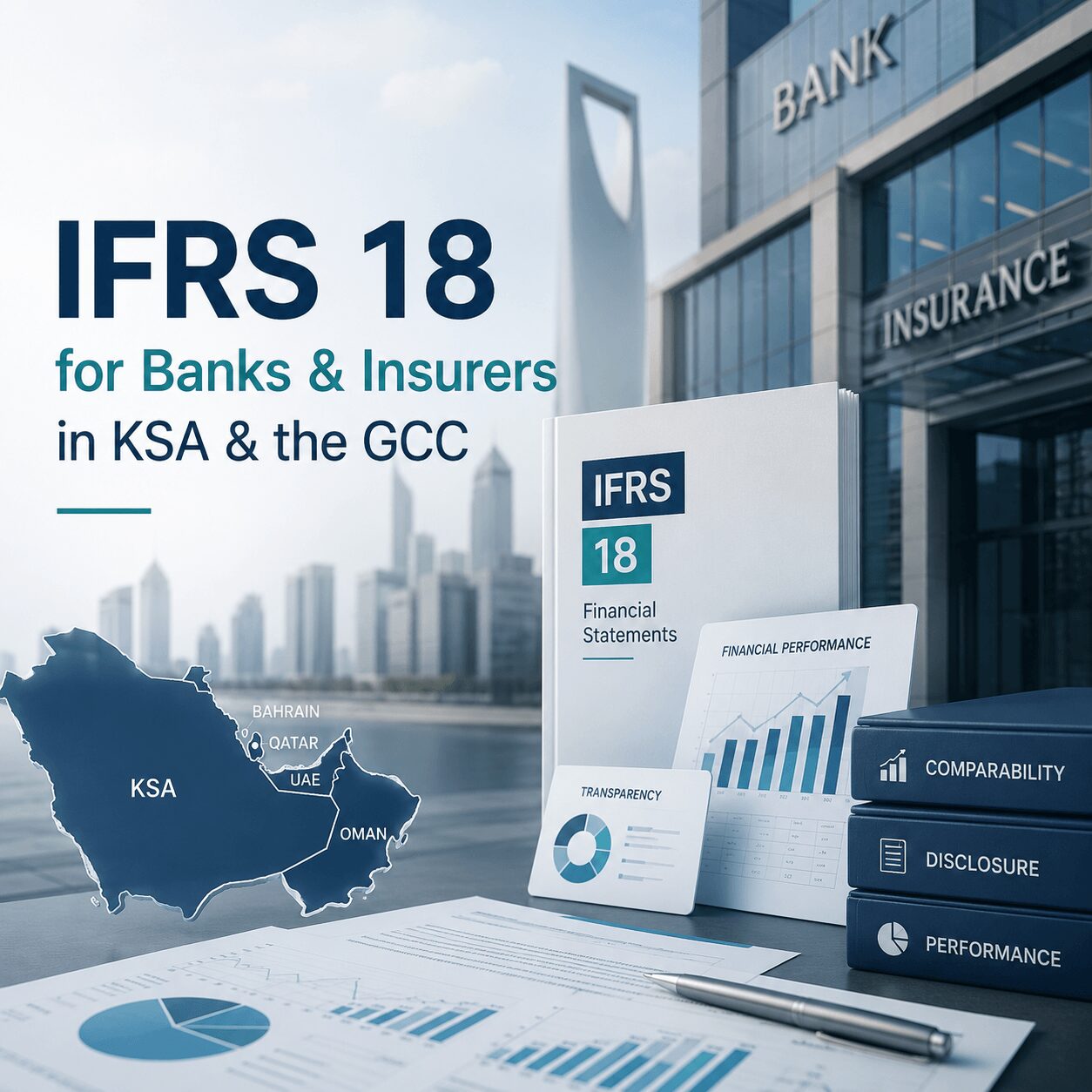 IFRS 18 for banks infographic featuring a GCC financial district, banking and insurance buildings, IFRS 18 financial reporting documents, performance charts, and a GCC map illustrating the impact of IFRS 18 for banks in KSA and the GCC.