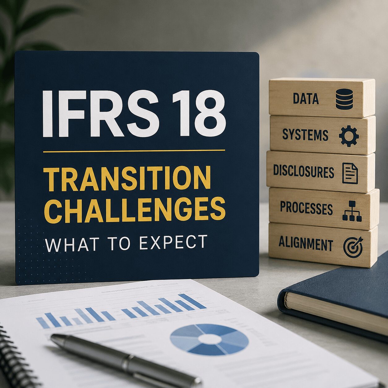 Professional infographic illustrating the IFRS 18 impact on business across audits, financing, and company valuation using financial reports, compliance documents, and performance metrics in a corporate office setting.