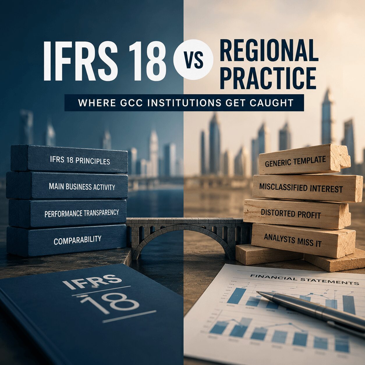 IFRS 18 for banks comparison infographic showing IFRS 18 principles versus regional practice with financial documents, reporting charts, and visual indicators of common reporting challenges faced by GCC financial institutions.