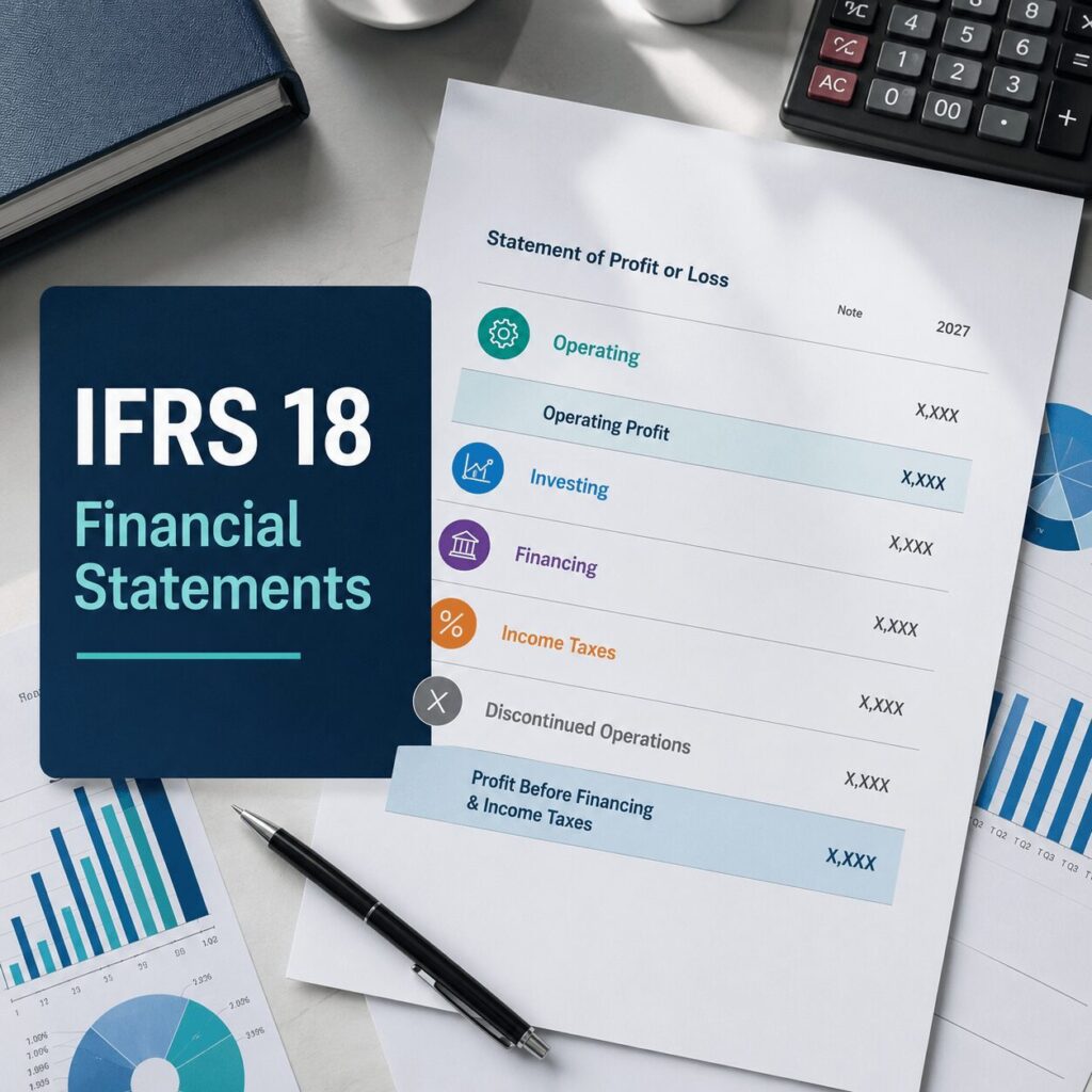 IFRS 18 financial statement presentation showing the new statement of profit or loss categories, operating profit subtotal, and financial reporting documents on an office desk.