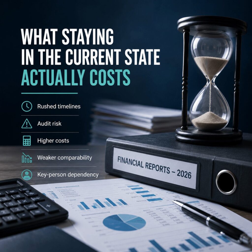 IFRS 18 implementation costs illustrated with financial reports, audit documents, an hourglass, calculator, and business charts representing delayed compliance risks.