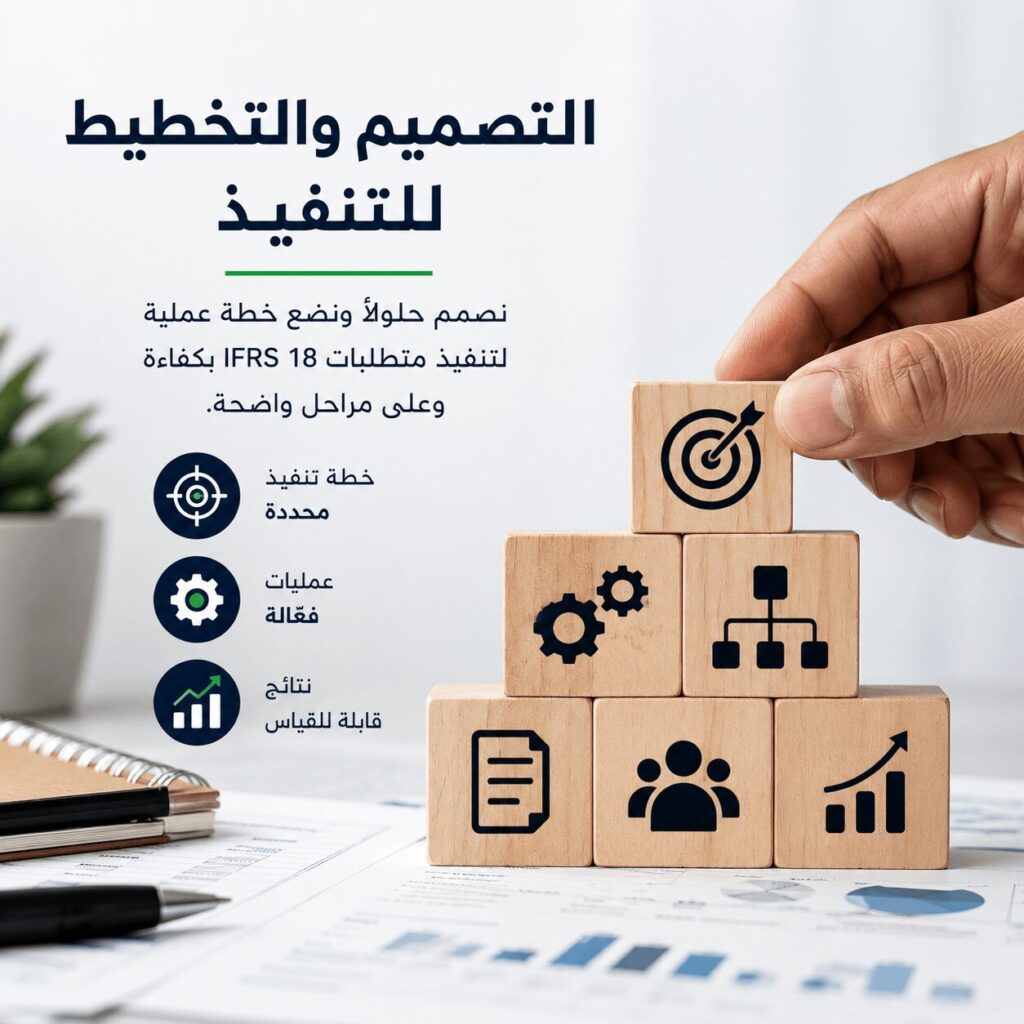 خدمات تطبيق المعيار IFRS 18 تشمل تصميم خطة التنفيذ وإعداد العمليات والأنظمة لضمان الامتثال.