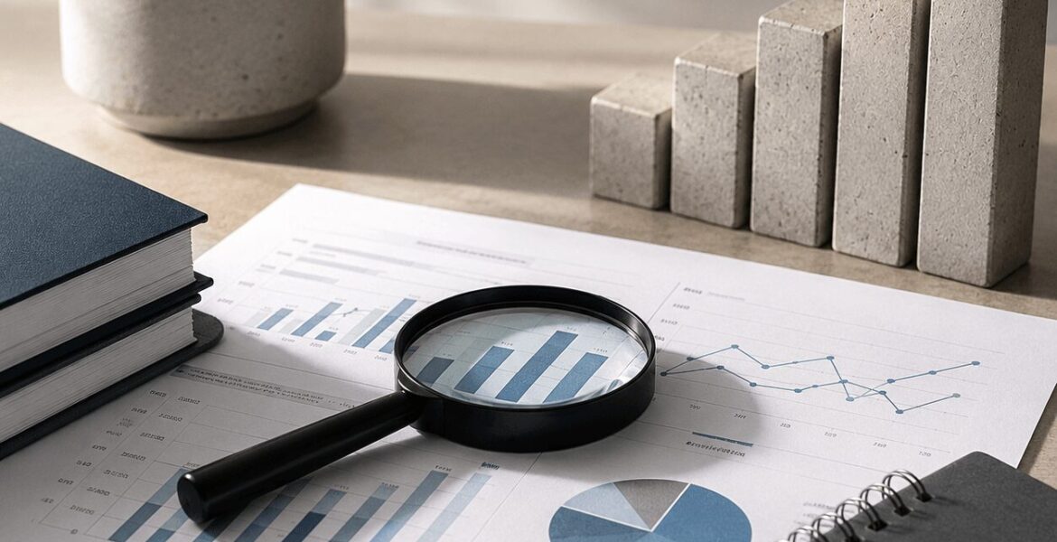 IAS 19 Valuation Services illustration showing financial charts, a magnifying glass, notebooks, and business documents on a professional office desk, symbolizing actuarial valuation and compliant employee benefit reporting.