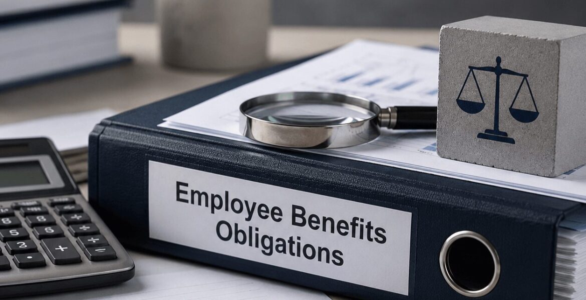 IAS 19 Valuation Services concept featuring financial reports, a calculator, a magnifying glass, a compliance binder, and audit-related office items representing the review of employee benefit obligations under IAS 19.