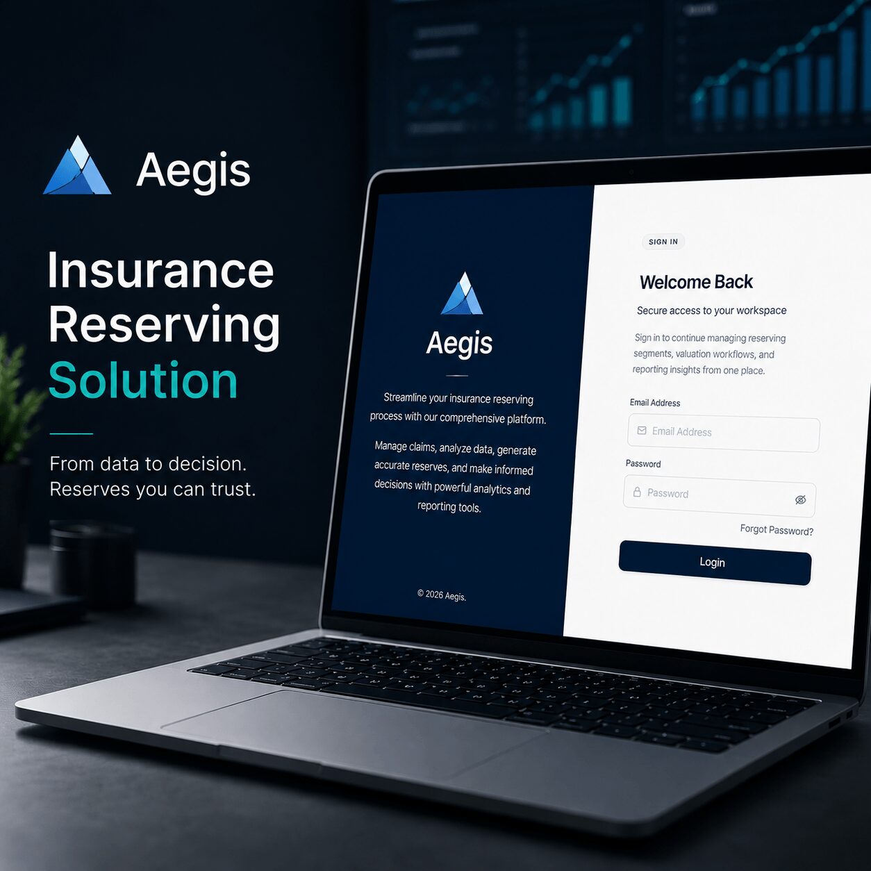 Professional insurance reserving solution interface displayed on a laptop featuring the Aegis platform login screen in a modern corporate workspace with a realistic actuarial software environment.