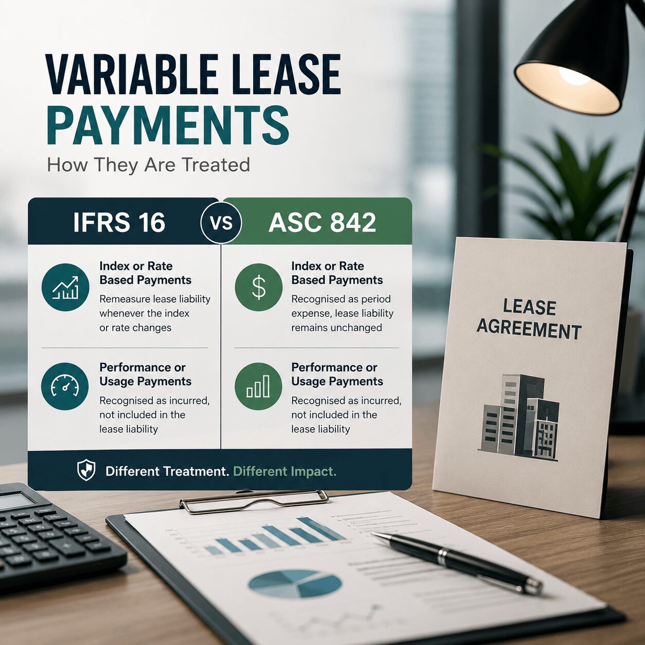 Professional audit checklist illustrating IFRS 16 vs US GAAP lease compliance procedures with lease agreements, audit checklist, calculator, and corporate office desk.