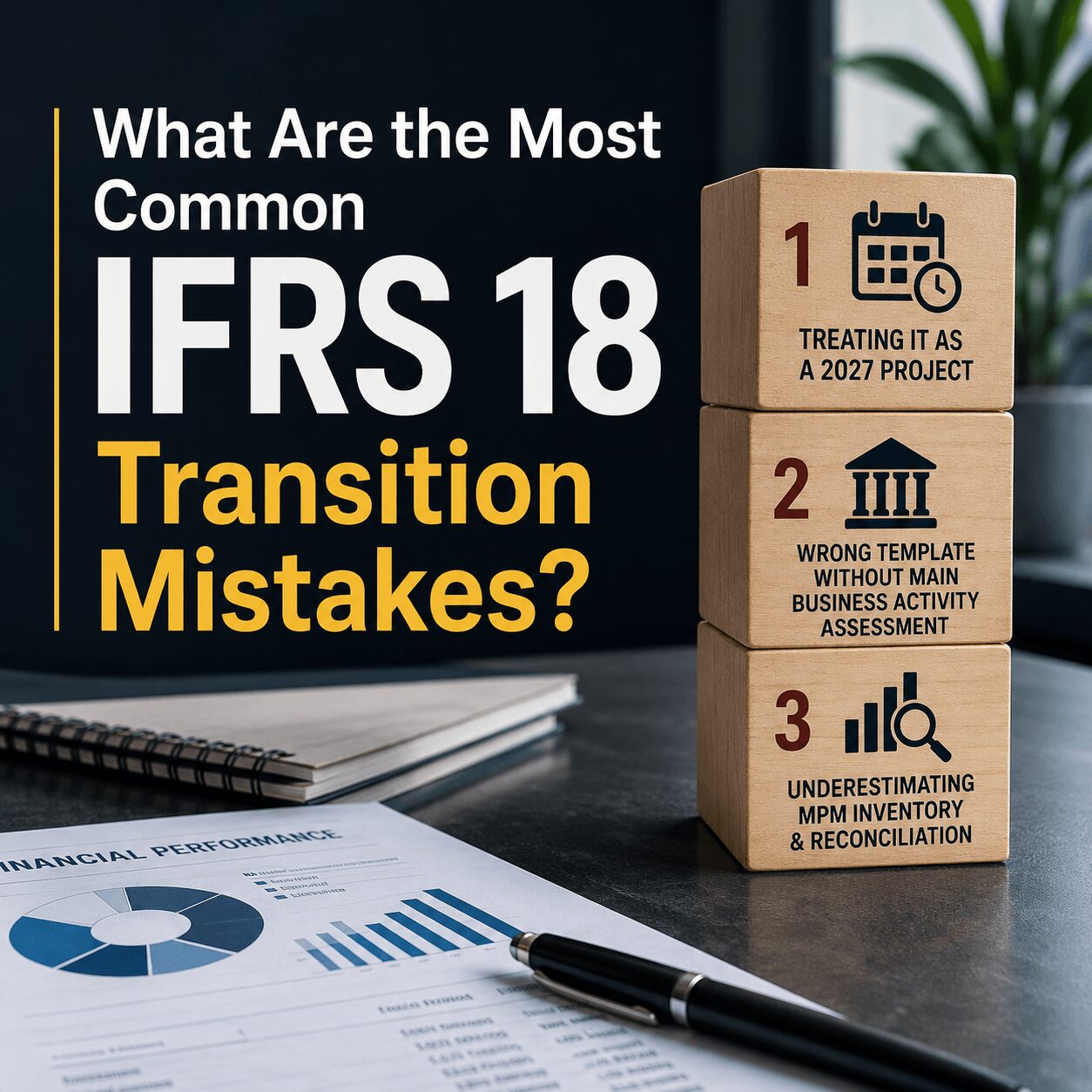 Corporate infographic explaining the IFRS 18 impact on business through standardized operating profit, analyst comparisons, MPM reconciliation, and company valuation with financial charts and reports.