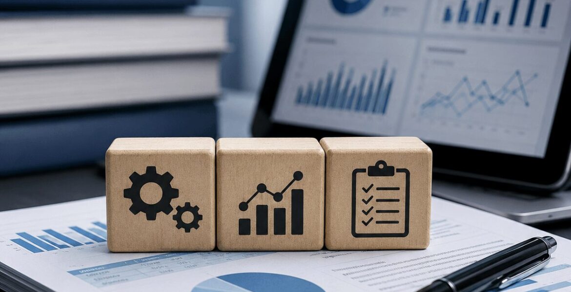 IFRS 9 consulting concept with financial reports, analytics dashboard, process gears, and compliance checklist