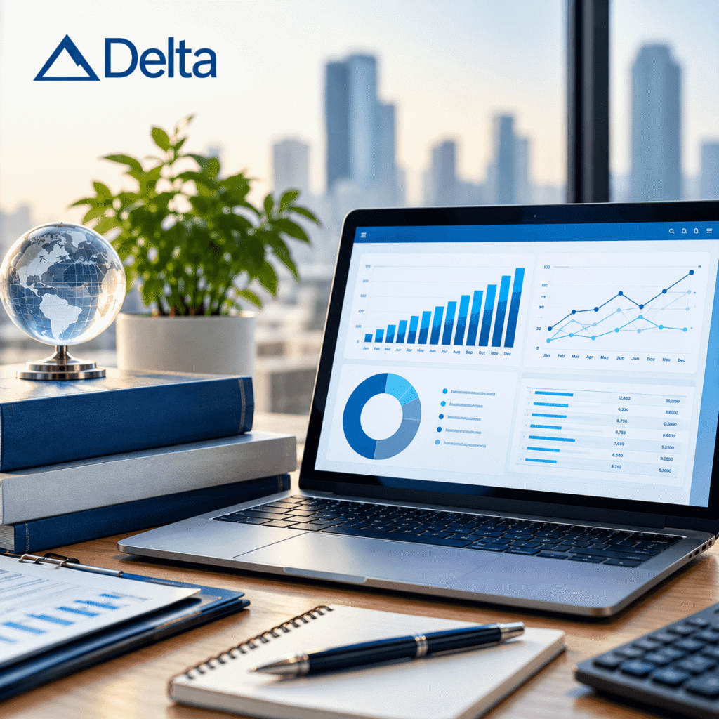 Delta IFRS 17 Compliance Software displayed on a laptop with financial analytics dashboards, charts, and reporting data in a professional office.