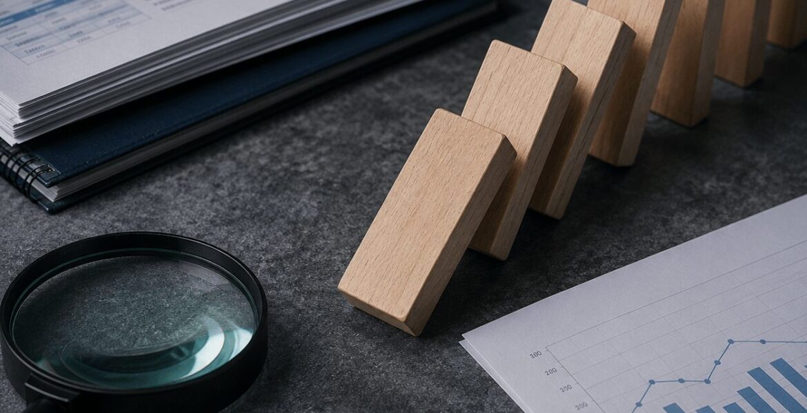 IFRS 9 financial risk concept showing falling dominoes, audit reports, charts, and magnifying glass