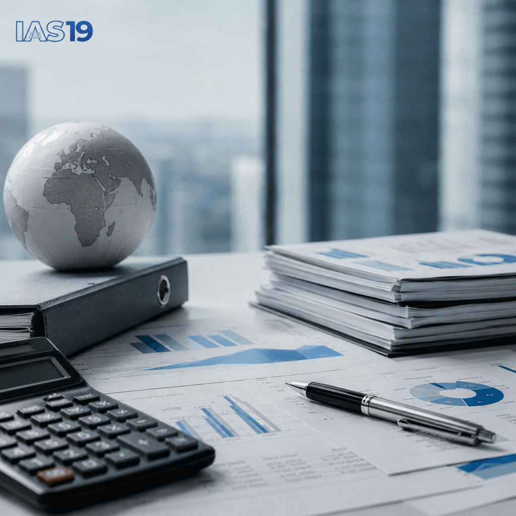 IAS 19 actuarial valuation software workspace featuring financial reports, actuarial charts, a calculator, documents, and a globe in a professional financial analysis setting.