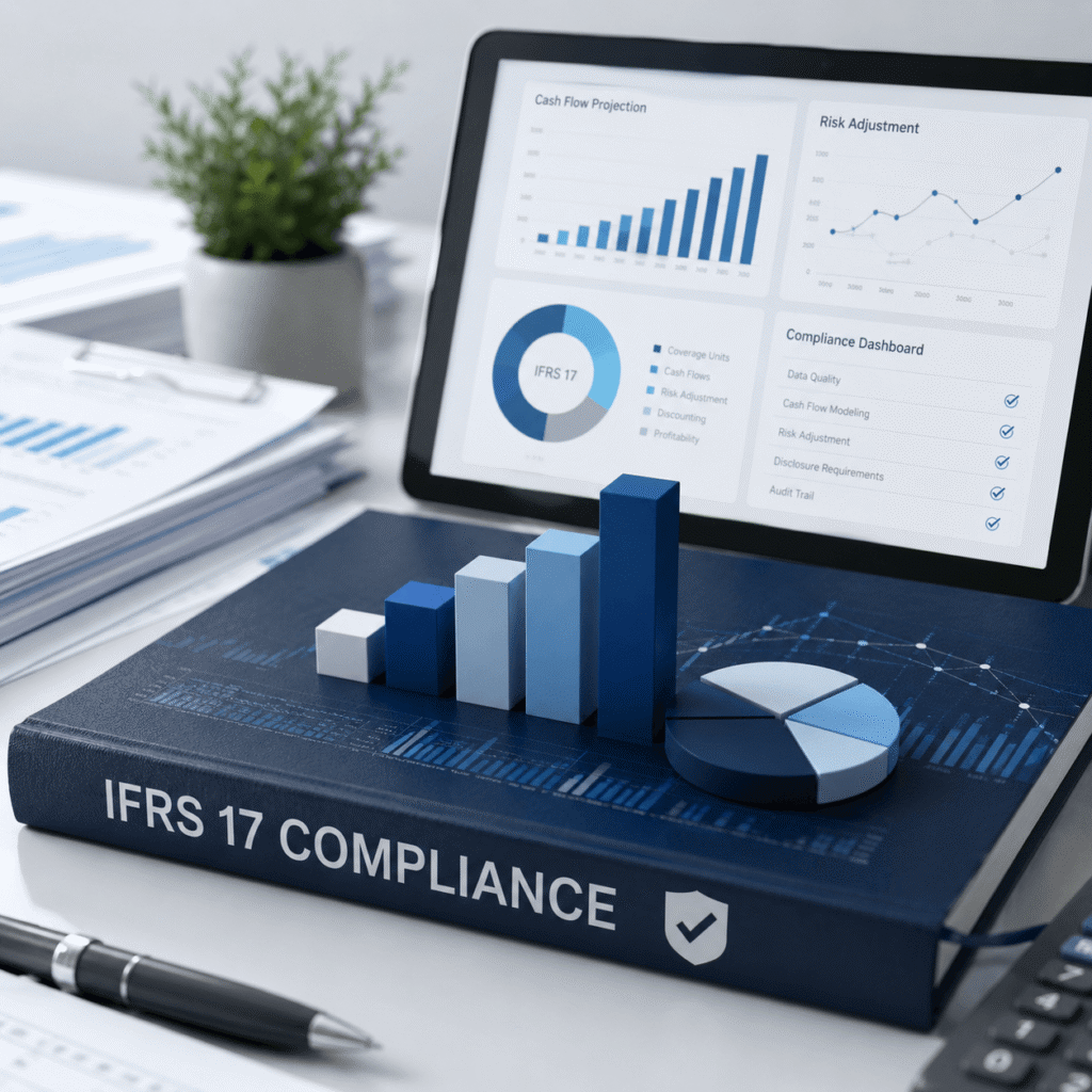 IFRS 17 Compliance Software dashboard showing cash flow projections, risk adjustment, compliance checks, charts, and financial reporting analytics.