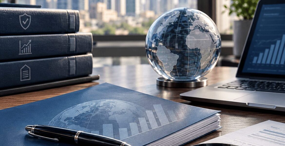 IFRS 17 consulting services represented by insurance reporting documents, financial charts, a globe, compliance binders, and a laptop in a corporate office.