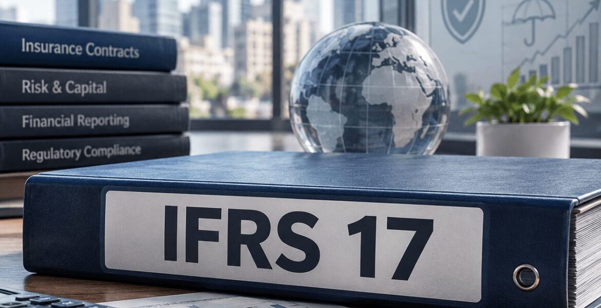 IFRS 17 consulting services represented by an insurance reporting binder, financial documents, global insurance imagery, and compliance materials on a corporate desk.