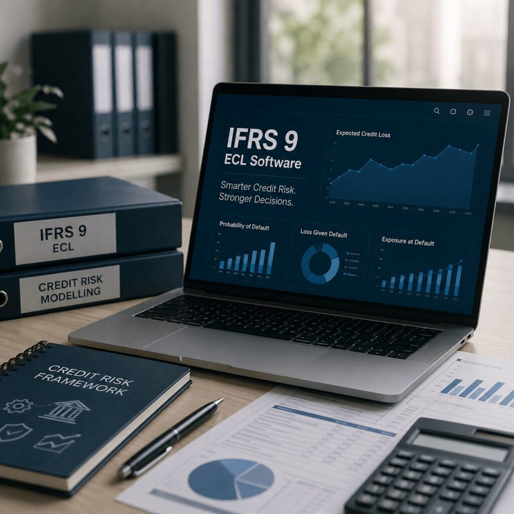 Realistic corporate workspace showing a laptop with credit risk dashboards, IFRS 9 ECL analytics, financial reports, and credit risk modeling documents representing Rust IFRS 9 Software.