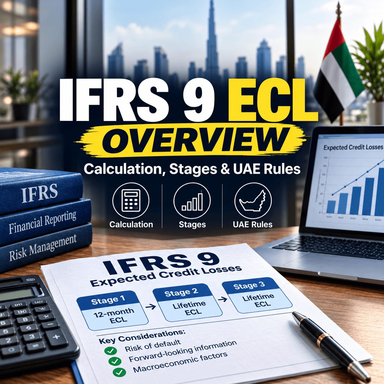 IFRS 9 expected credit loss overview showing three ECL stages, 12-month and lifetime ECL, calculation, and UAE rules in a Dubai business setting.