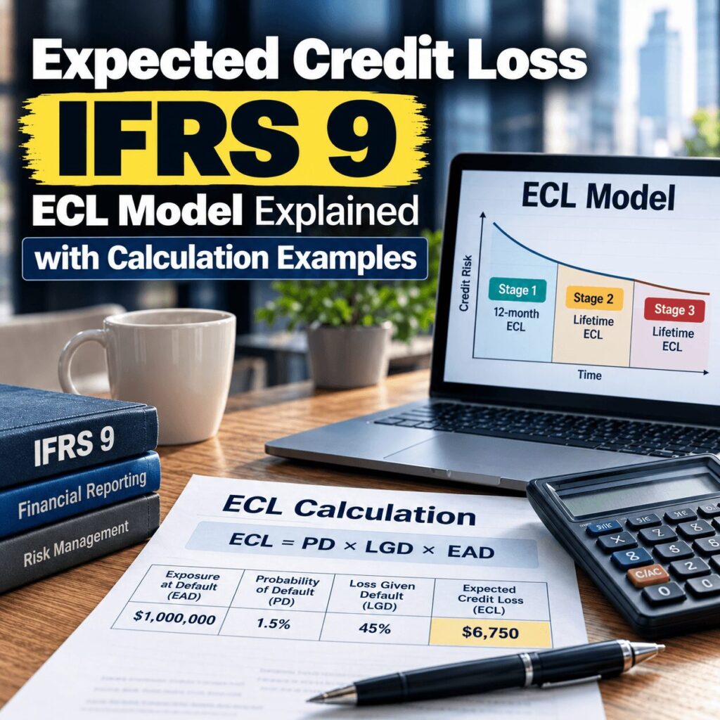 Expected Credit Loss IFRS 9 model showing ECL calculation using PD, LGD, and EAD with Stage 1, Stage 2, and Stage 3 credit risk categories.