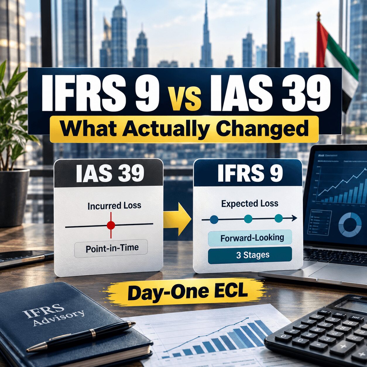 IFRS 9 expected credit loss compared with IAS 39, highlighting incurred loss versus forward-looking expected loss and three-stage ECL recognition.