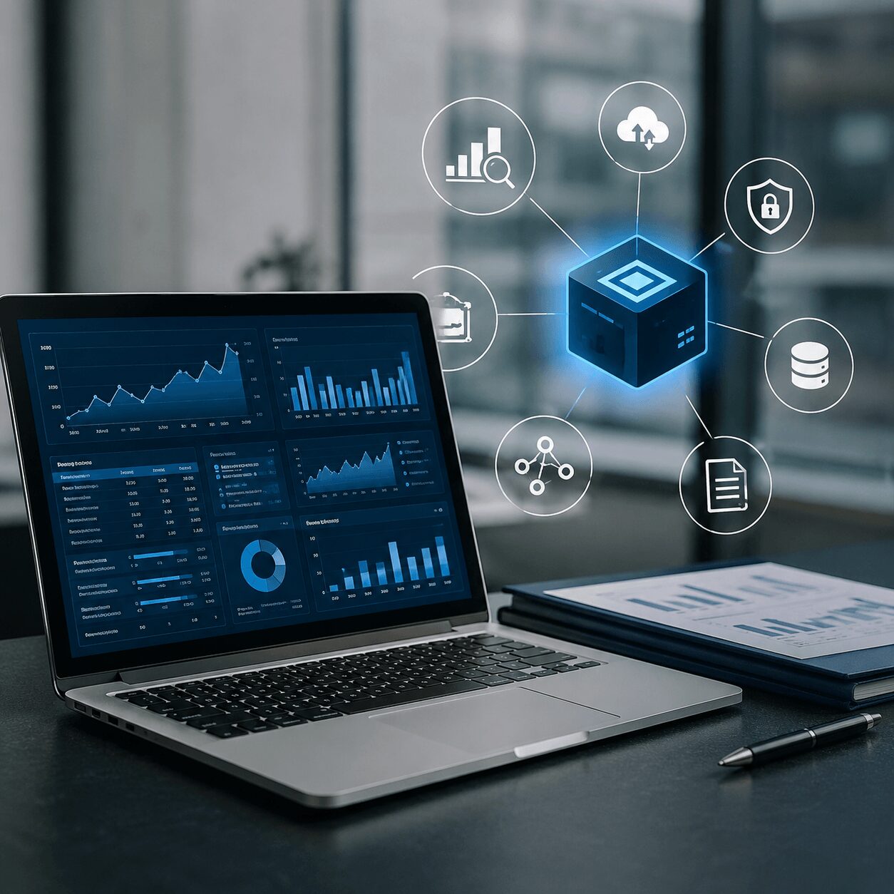 Realistic corporate office scene with a financial analytics dashboard, ECL charts, cloud, security, database, and reporting icons representing the capabilities of Rust IFRS 9 Software.