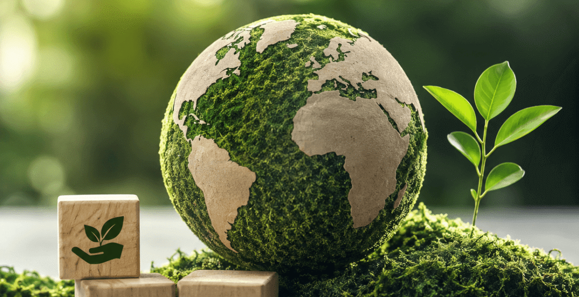 ESG consulting services represented by a moss-covered globe, sustainable plant and wooden blocks symbolizing environmental, social and governance reporting.
