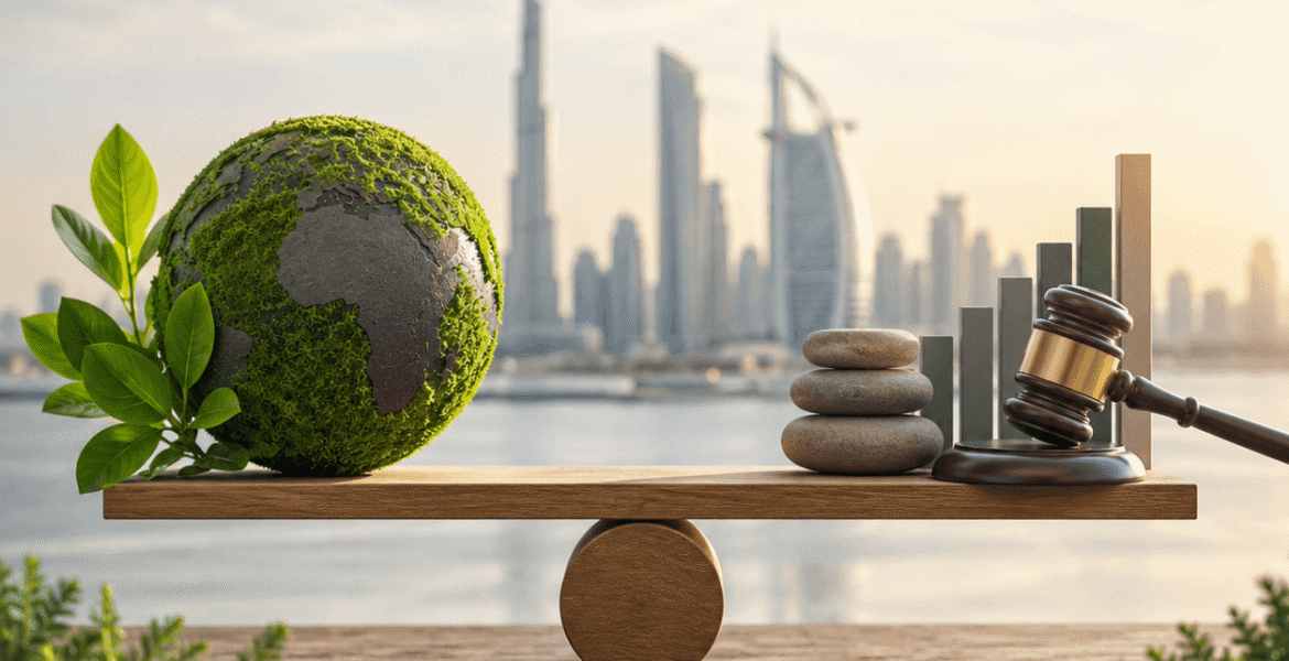 ESG consulting services concept showing a sustainable globe balanced with financial, regulatory and governance symbols against a UAE city skyline.