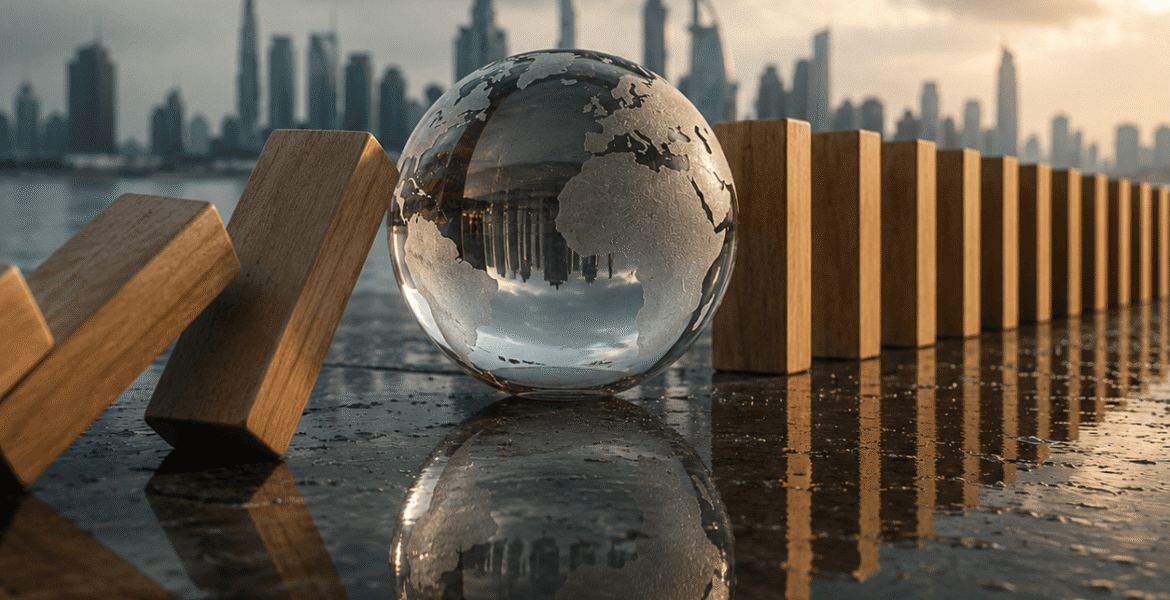 ESG consulting services concept featuring a glass globe, falling wooden dominoes and a UAE city skyline representing ESG compliance risks and business exposure.